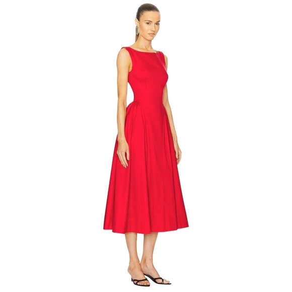 Helsa Stretch Cotton Sateen Midi Dress in Red Small New Womens Aline Fit n Flare - Picture 4 of 16